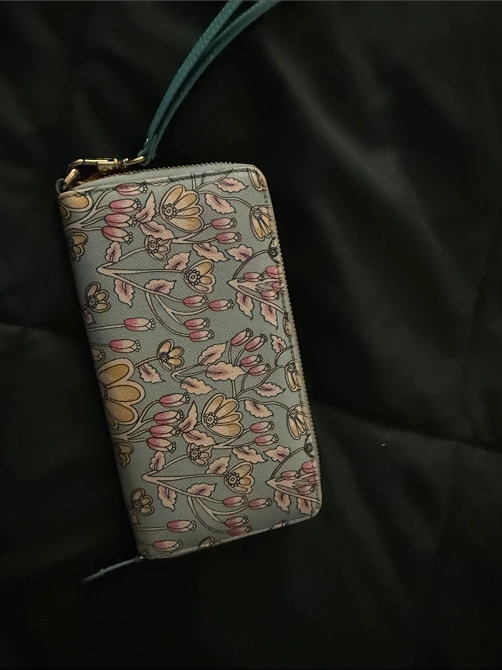 Floral Zip Wallet Wristlet in Light Blue with Pink & Yellow Accents
